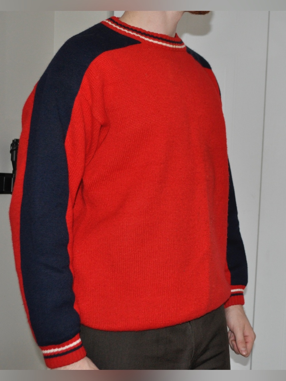 Men's Contrast Crewneck Sweater in Red and Navy